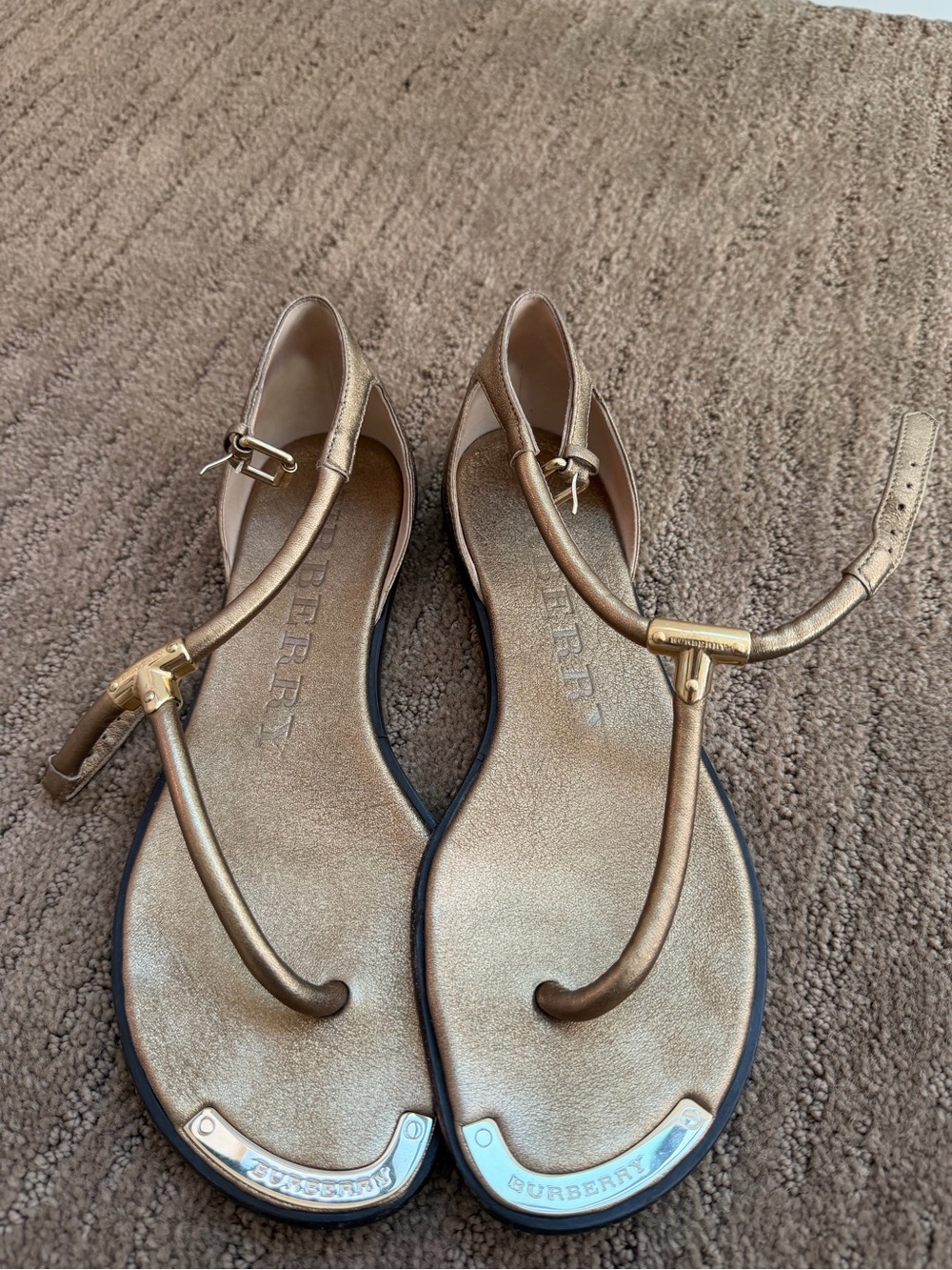 Burberry Bronze Metallic T-Strap Sandals